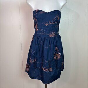 Kimchi Blue Dress Small Strapless Blue Floral Pleated Mini Sundress